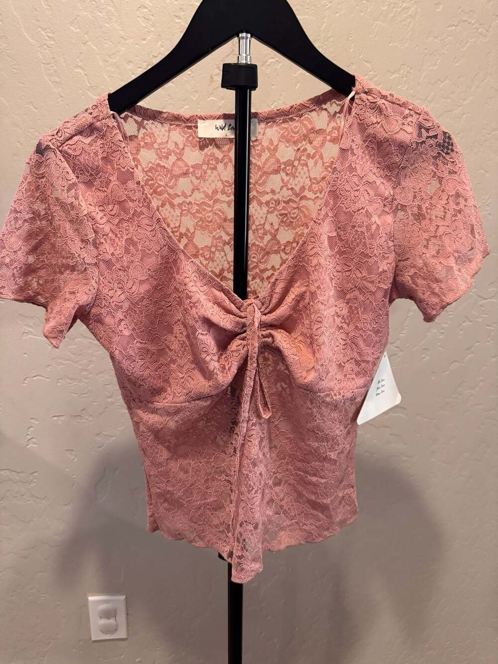 Wild Love Dusty Rose Floral Lace Short Sleeve V-Neck Tie Front Top